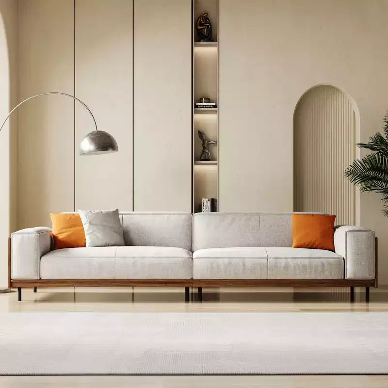 111.81 Extra-Long Solid Wood Mid-Century Light Gray Sofa, 4-Seater Cotton-Linen Couch with Walnut Accents & Washable Covers Gaoyangjiaju