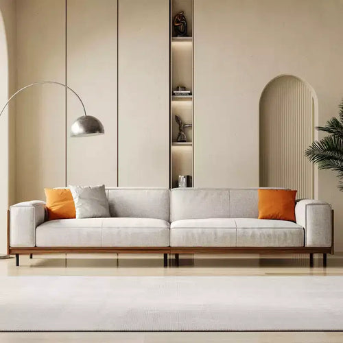 111.81 Extra-Long Solid Wood Mid-Century Light Gray Sofa, 4-Seater Cotton-Linen Couch with Walnut Accents & Washable Covers Gaoyangjiaju