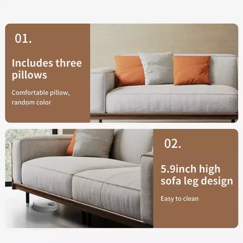 Divano Grigio Chiaro Extra Lungo in Legno Massello Mid-Century da 111,81 Pollici, Divano a 4 Posti in Cotone-Lino con Accenti in Noce e Rivestimenti Lavabili Gaoyangjiaju