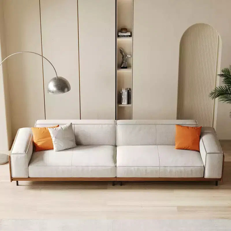 Divano Grigio Chiaro Extra Lungo in Legno Massello Mid-Century da 111,81 Pollici, Divano a 4 Posti in Cotone-Lino con Accenti in Noce e Rivestimenti Lavabili Gaoyangjiaju