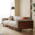 Divano Grigio Chiaro Extra Lungo in Legno Massello Mid-Century da 111,81 Pollici, Divano a 4 Posti in Cotone-Lino con Accenti in Noce e Rivestimenti Lavabili Gaoyangjiaju