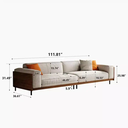 Divano Grigio Chiaro Extra Lungo in Legno Massello Mid-Century da 111,81 Pollici, Divano a 4 Posti in Cotone-Lino con Accenti in Noce e Rivestimenti Lavabili Gaoyangjiaju