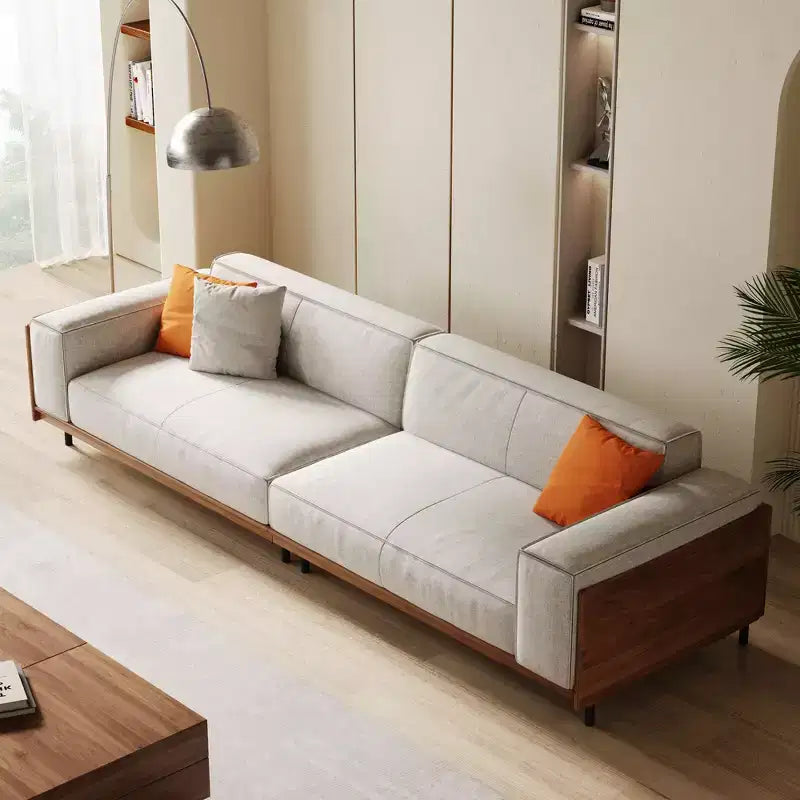 Divano Grigio Chiaro Extra Lungo in Legno Massello Mid-Century da 111,81 Pollici, Divano a 4 Posti in Cotone-Lino con Accenti in Noce e Rivestimenti Lavabili Gaoyangjiaju