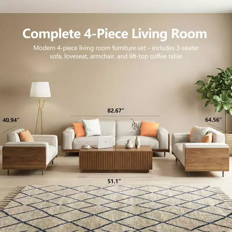 Divano Grigio Chiaro Extra Lungo in Legno Massello Mid-Century da 111,81 Pollici, Divano a 4 Posti in Cotone-Lino con Accenti in Noce e Rivestimenti Lavabili Gaoyangjiaju
