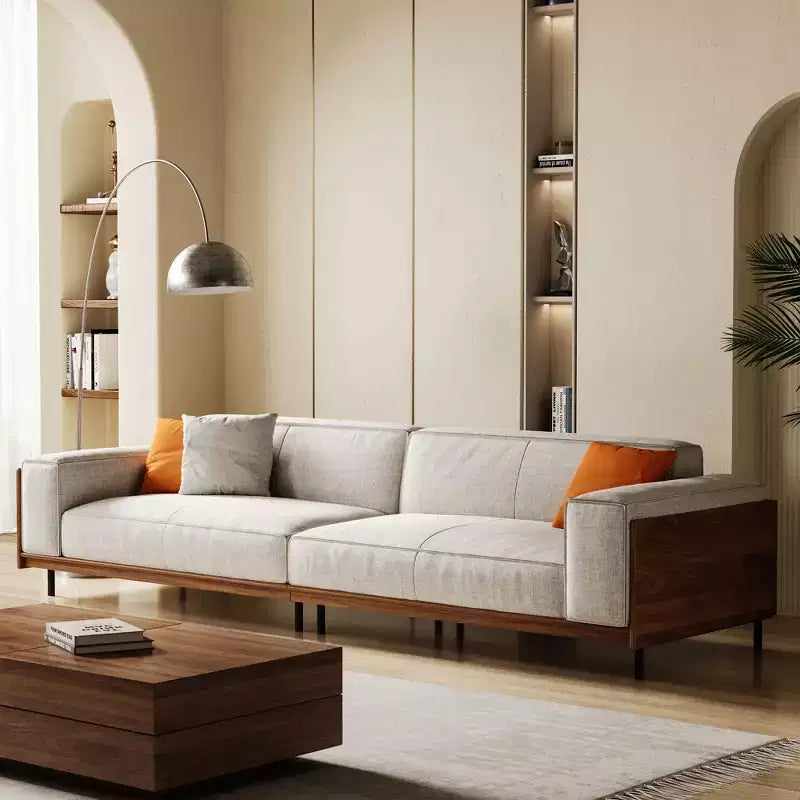 Divano Grigio Chiaro Extra Lungo in Legno Massello Mid-Century da 111,81 Pollici, Divano a 4 Posti in Cotone-Lino con Accenti in Noce e Rivestimenti Lavabili Gaoyangjiaju
