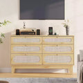 6 Rattan Large Storage Drawer Dresser, with USB Ports and Outlets, 6 Chests of Drawers Storage for Bedroom, Living Room,Hallway,Oak