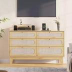 6 Rattan Large Storage Drawer Dresser, with USB Ports and Outlets, 6 Chests of Drawers Storage for Bedroom, Living Room,Hallway,Oak