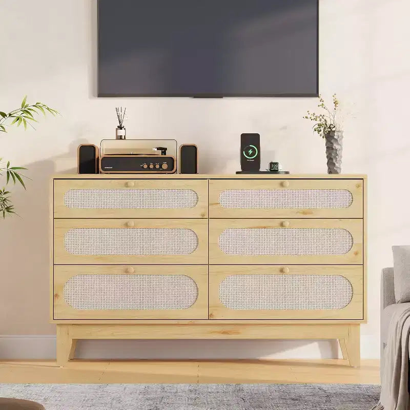 6 Rattan Large Storage Drawer Dresser, with USB Ports and Outlets, 6 Chests of Drawers Storage for Bedroom, Living Room,Hallway,Oak