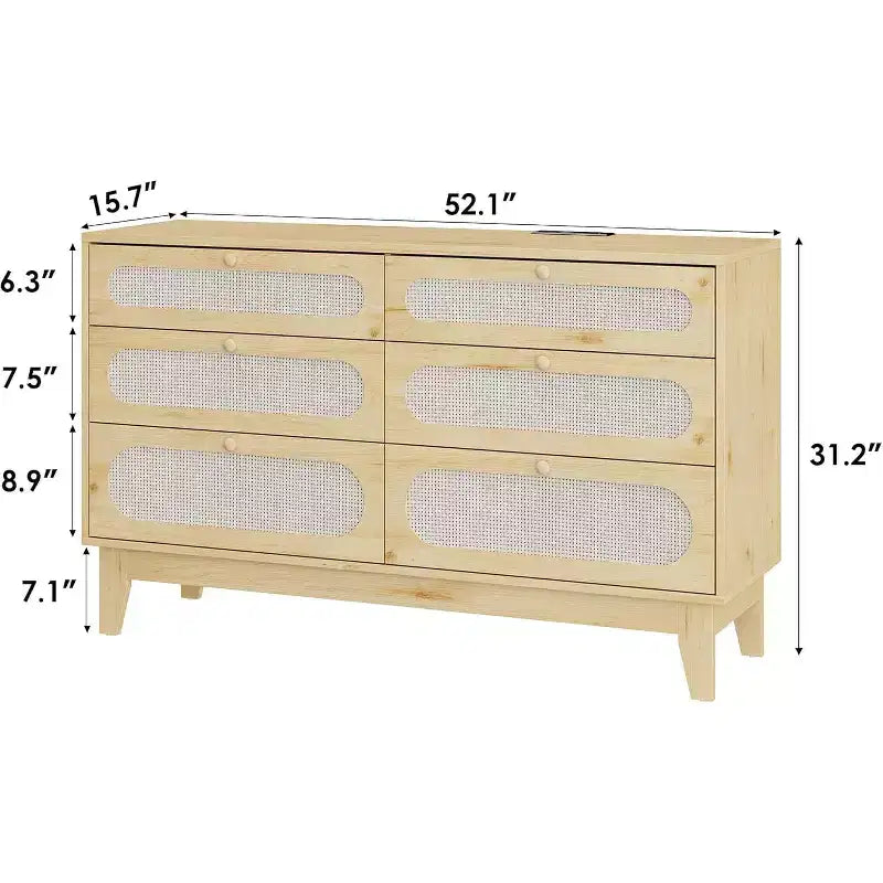 Cassettiera grande a 6 cassetti in rattan, con porte USB e prese, 6 cassetti per camera da letto, soggiorno, corridoio, rovere
