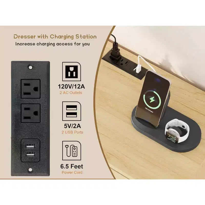 Cassettiera grande a 6 cassetti in rattan, con porte USB e prese, 6 cassetti per camera da letto, soggiorno, corridoio, rovere