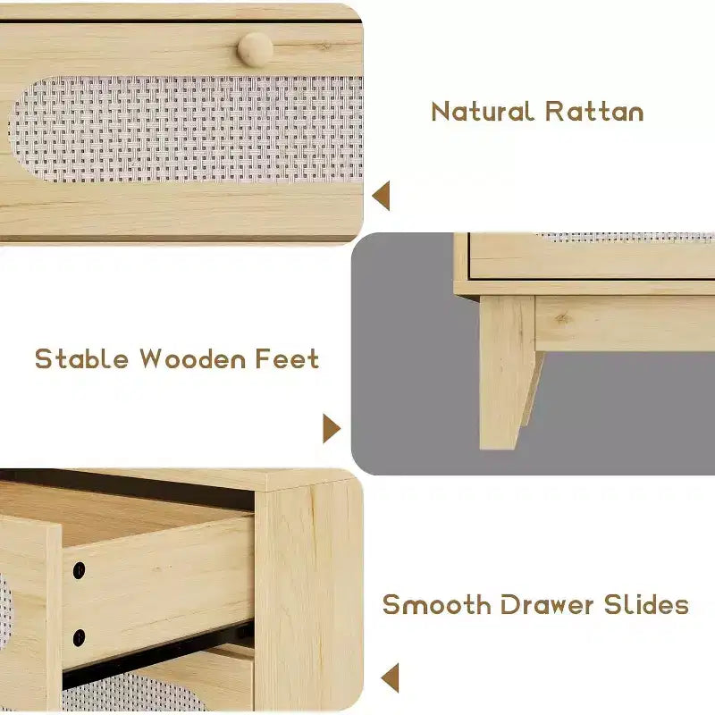 Cassettiera grande a 6 cassetti in rattan, con porte USB e prese, 6 cassetti per camera da letto, soggiorno, corridoio, rovere