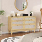 Cassettiera grande a 6 cassetti in rattan, con porte USB e prese, 6 cassetti per camera da letto, soggiorno, corridoio, rovere