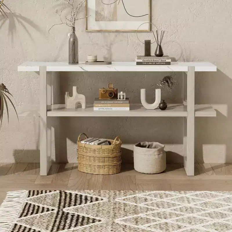 MAYEERTY Console Table with Marble Effect Top Open Shelf For Hallway Living Room Gray
