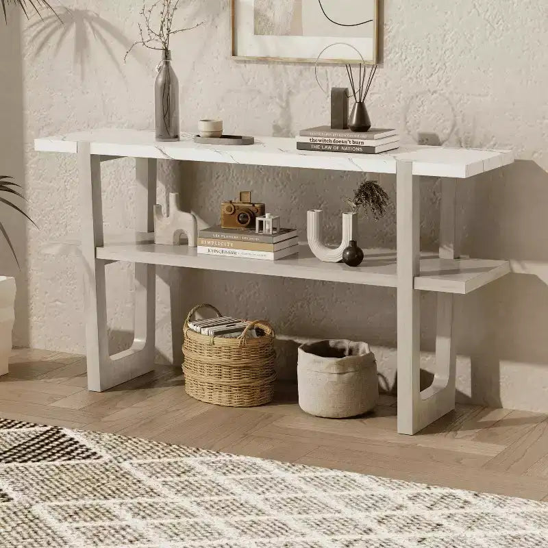 Consolle con ripiano effetto marmo e ripiano aperto per corridoio e soggiorno, grigio