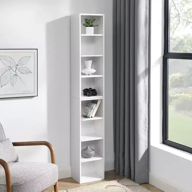 MAYEERTY 8 TierMedia Tower Rack Tall Narrow Bookcase Display Bookshelf with Adjustable Shelves for Home Living Room White
