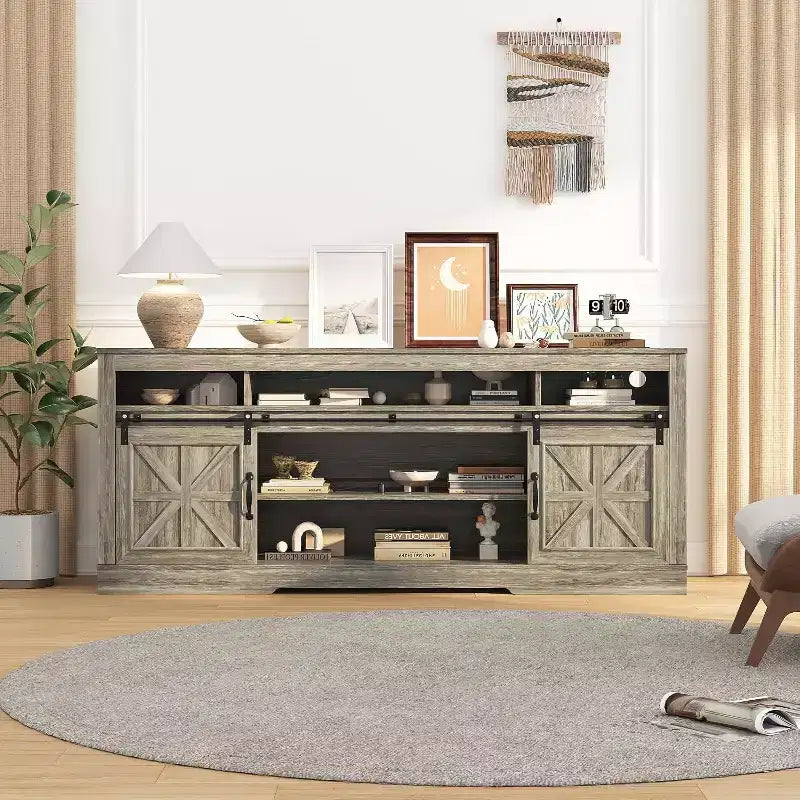Farmhouse TV Console for 75 TV with Semi-Open Storage, Adjustable Shelf & Sliding Doors  66 Media Cabinet for Living Room