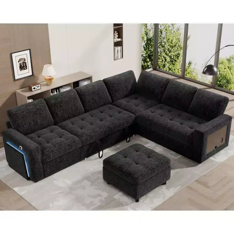 Divano Letto Modulare a 7 Posti a L con Letto Estraibile, Schienali Reclinabili/Porte USB/Luce LED/Tavolino Laterale e Pouf, in ciniglia