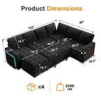 Divano Letto Modulare a 7 Posti a L con Letto Estraibile, Schienali Reclinabili/Porte USB/Luce LED/Tavolino Laterale e Pouf, in ciniglia