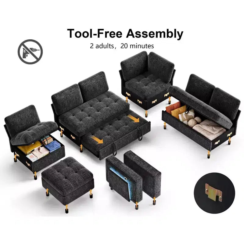 Divano Letto Modulare a 7 Posti a L con Letto Estraibile, Schienali Reclinabili/Porte USB/Luce LED/Tavolino Laterale e Pouf, in ciniglia