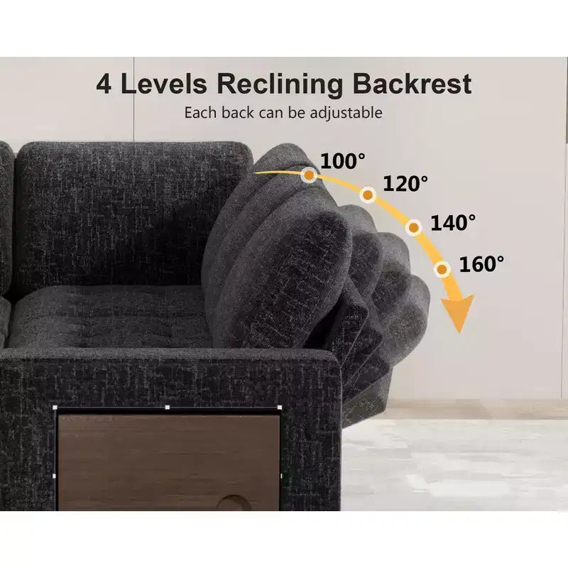 Divano Letto Modulare a 7 Posti a L con Letto Estraibile, Schienali Reclinabili/Porte USB/Luce LED/Tavolino Laterale e Pouf, in ciniglia