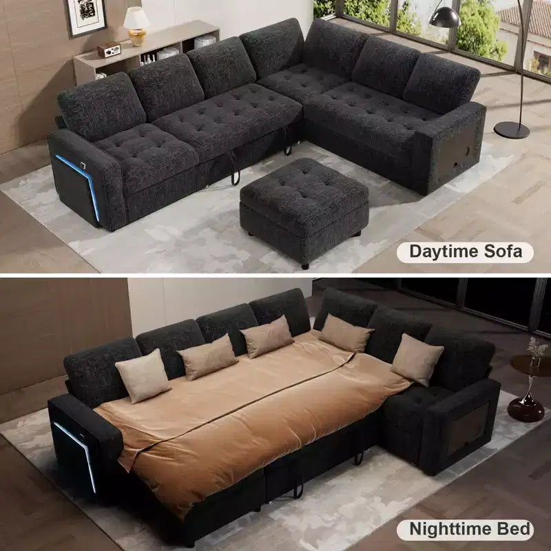 Divano Letto Modulare a 7 Posti a L con Letto Estraibile, Schienali Reclinabili/Porte USB/Luce LED/Tavolino Laterale e Pouf, in ciniglia