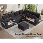 Divano Letto Modulare a 7 Posti a L con Letto Estraibile, Schienali Reclinabili/Porte USB/Luce LED/Tavolino Laterale e Pouf, in ciniglia
