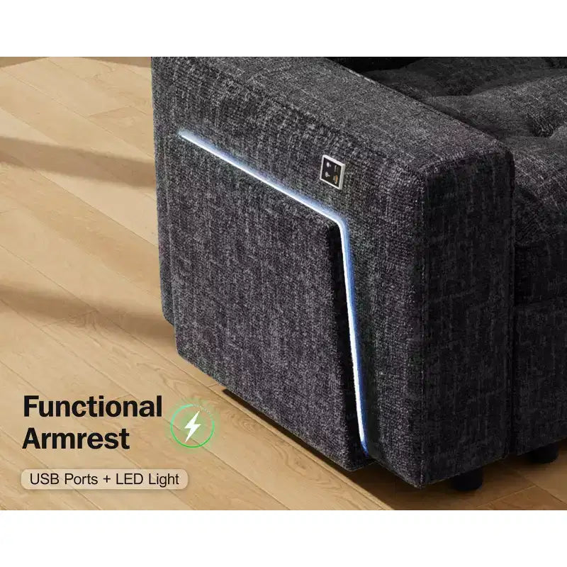 Divano Letto Modulare a 7 Posti a L con Letto Estraibile, Schienali Reclinabili/Porte USB/Luce LED/Tavolino Laterale e Pouf, in ciniglia