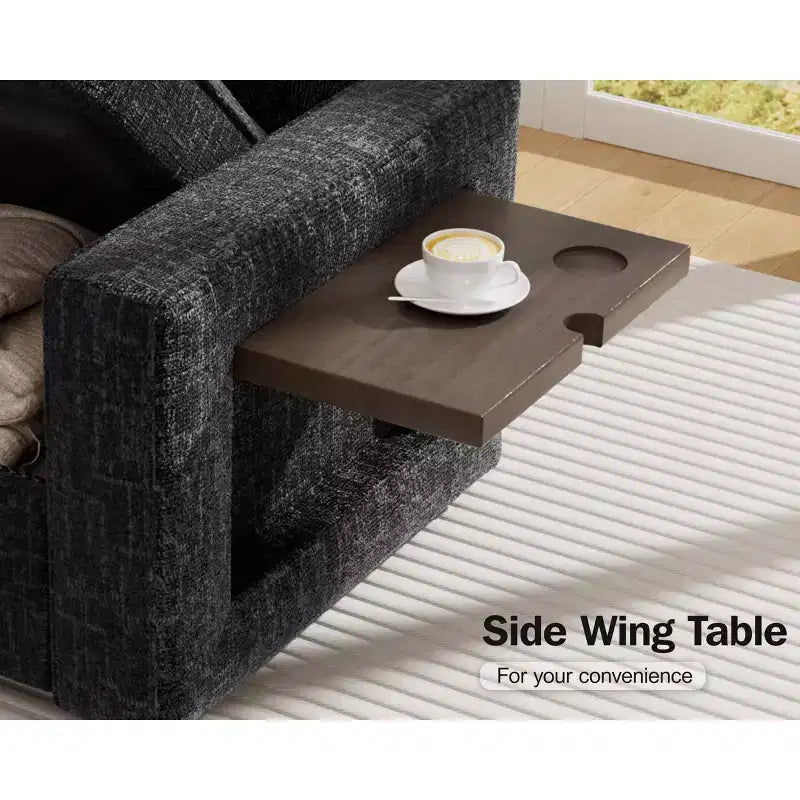 Divano Letto Modulare a 7 Posti a L con Letto Estraibile, Schienali Reclinabili/Porte USB/Luce LED/Tavolino Laterale e Pouf, in ciniglia