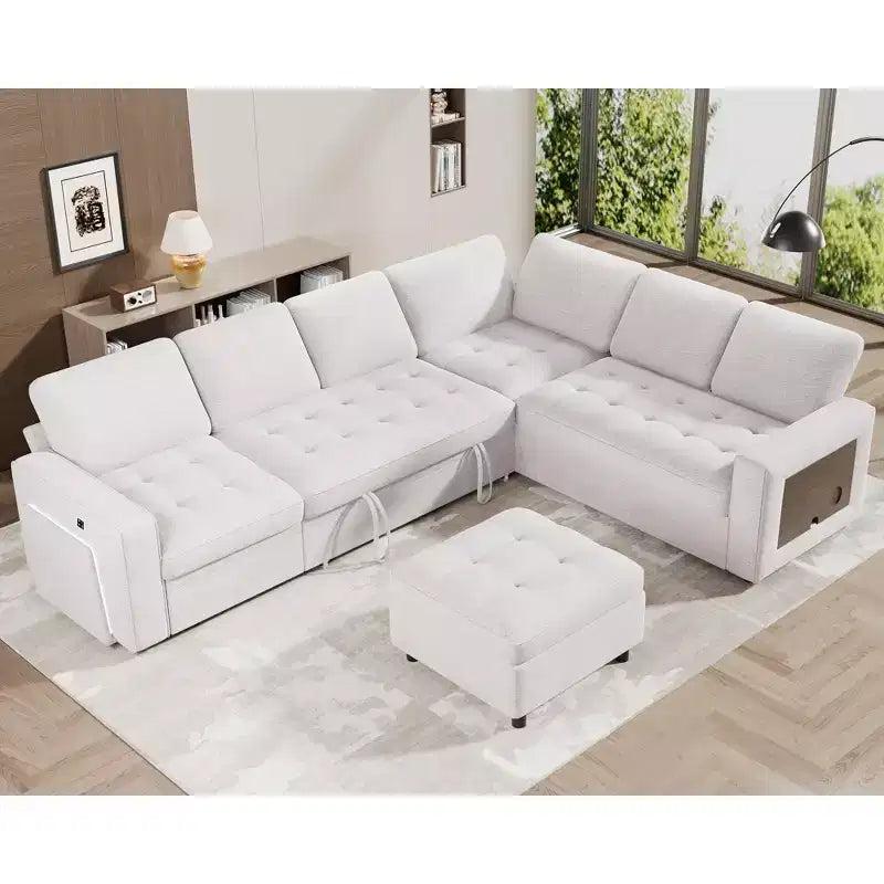 Divano Letto Modulare a 7 Posti a L con Letto Estraibile, Schienali Reclinabili/Porte USB/Luce LED/Tavolino Laterale e Pouf, in ciniglia