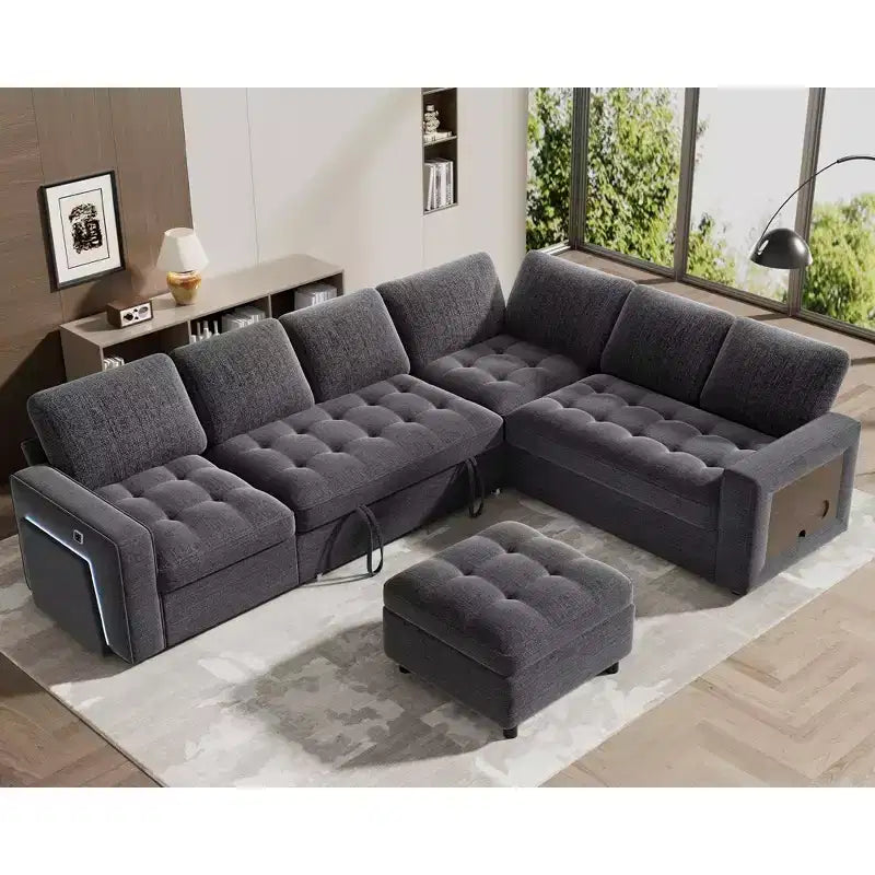 Divano Letto Modulare a 7 Posti a L con Letto Estraibile, Schienali Reclinabili/Porte USB/Luce LED/Tavolino Laterale e Pouf, in ciniglia
