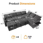 Divano Letto Modulare a 7 Posti a L con Letto Estraibile, Schienali Reclinabili/Porte USB/Luce LED/Tavolino Laterale e Pouf, in ciniglia