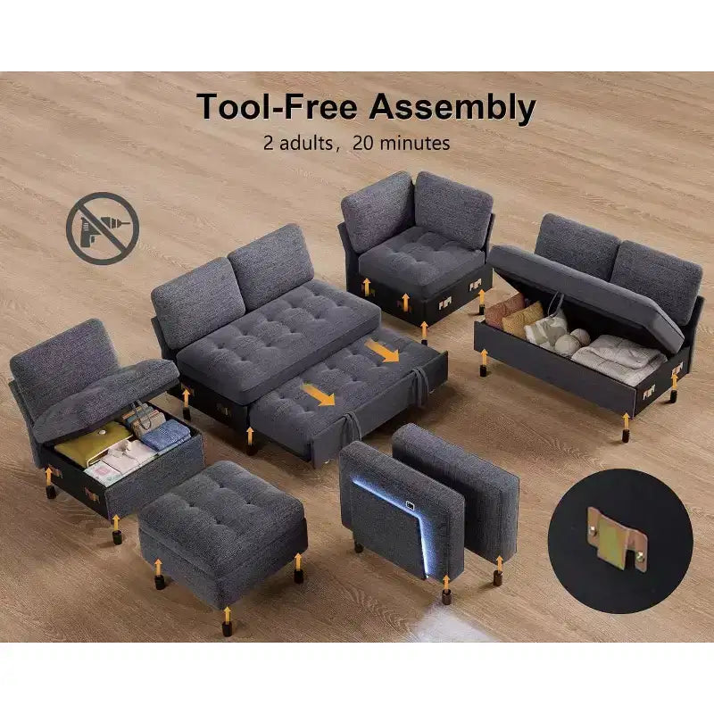 Divano Letto Modulare a 7 Posti a L con Letto Estraibile, Schienali Reclinabili/Porte USB/Luce LED/Tavolino Laterale e Pouf, in ciniglia