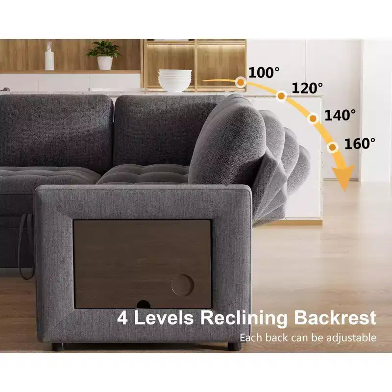 Divano Letto Modulare a 7 Posti a L con Letto Estraibile, Schienali Reclinabili/Porte USB/Luce LED/Tavolino Laterale e Pouf, in ciniglia