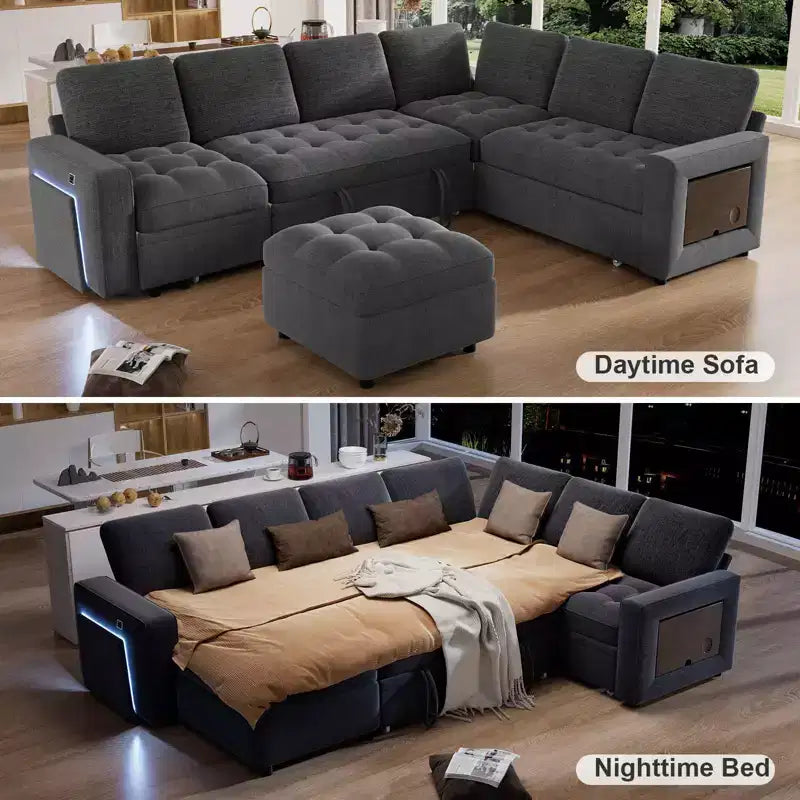 Divano Letto Modulare a 7 Posti a L con Letto Estraibile, Schienali Reclinabili/Porte USB/Luce LED/Tavolino Laterale e Pouf, in ciniglia