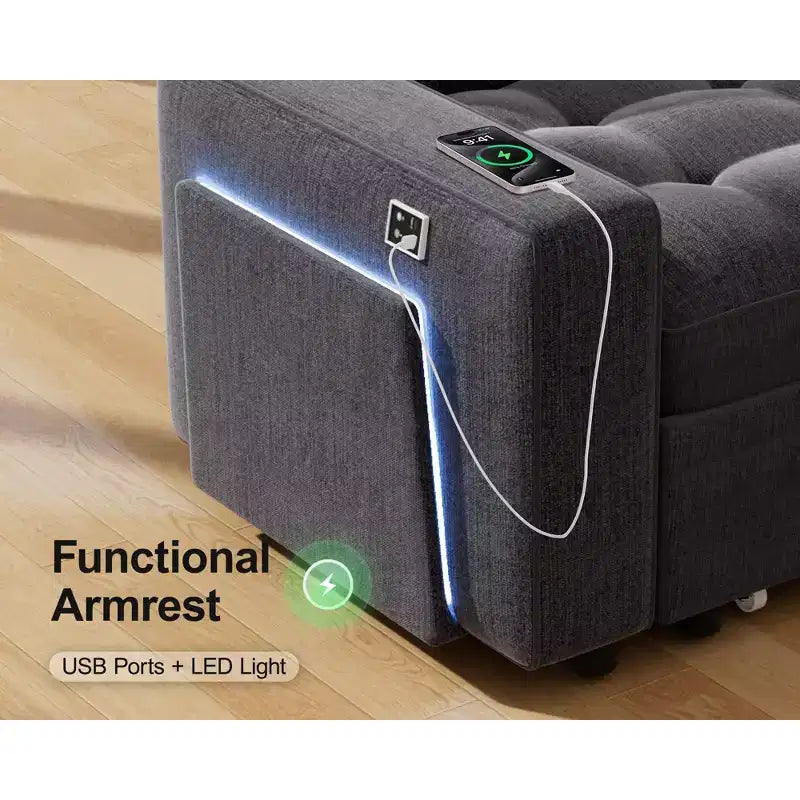 Divano Letto Modulare a 7 Posti a L con Letto Estraibile, Schienali Reclinabili/Porte USB/Luce LED/Tavolino Laterale e Pouf, in ciniglia