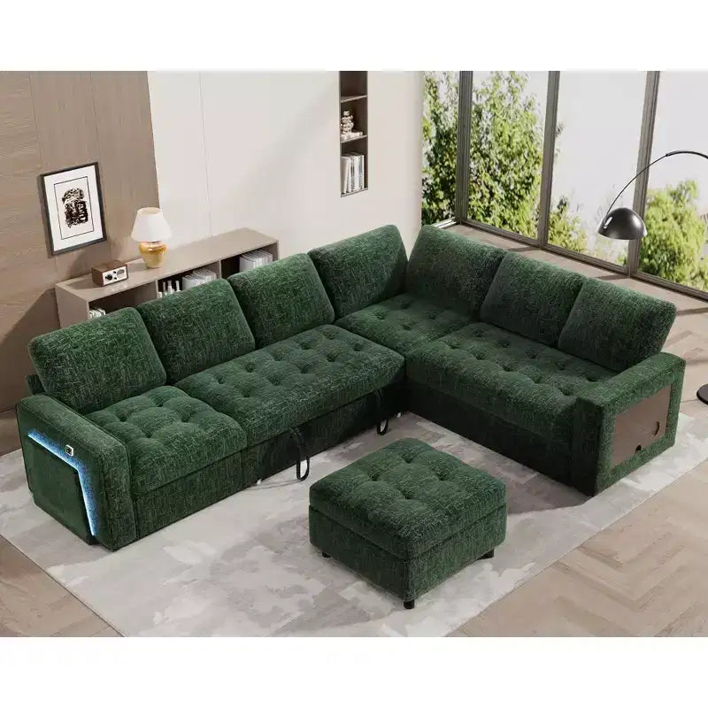 Divano Letto Modulare a 7 Posti a L con Letto Estraibile, Schienali Reclinabili/Porte USB/Luce LED/Tavolino Laterale e Pouf, in ciniglia