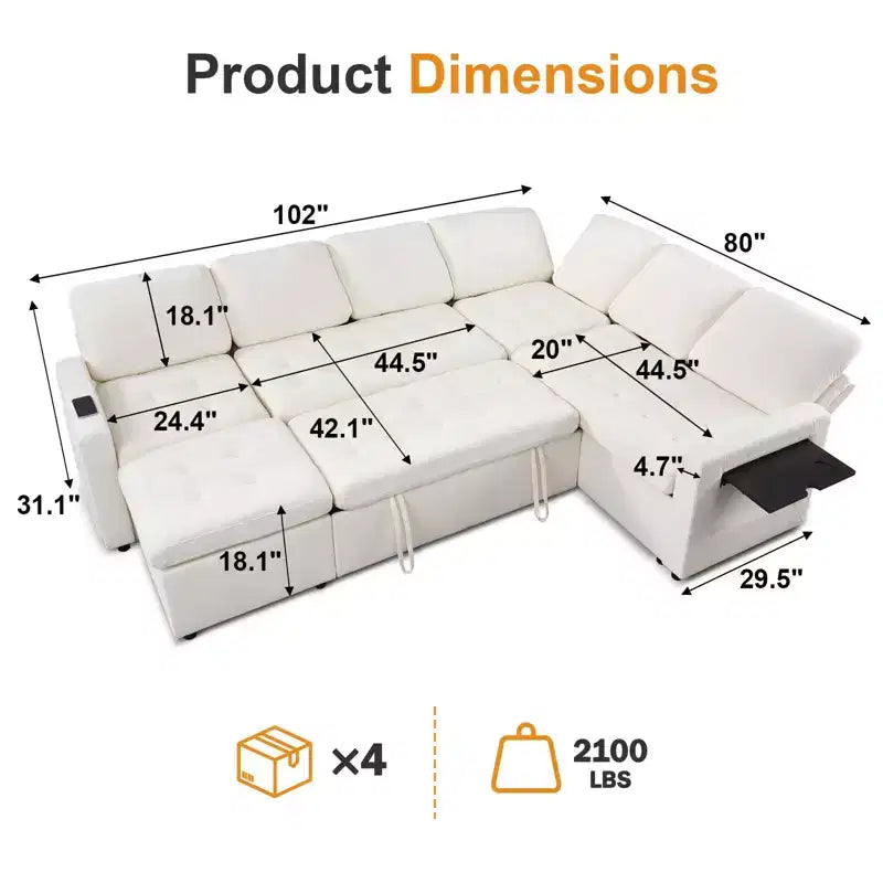 Divano Letto Modulare a 7 Posti a L con Letto Estraibile, Schienali Reclinabili/Porte USB/Luce LED/Tavolino Laterale e Pouf, in ciniglia