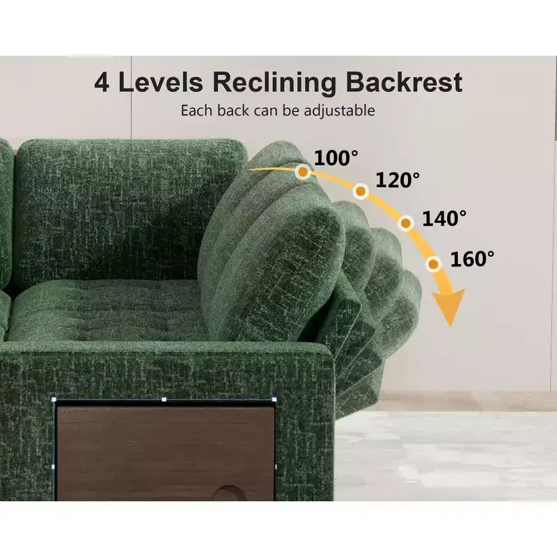 Divano Letto Modulare a 7 Posti a L con Letto Estraibile, Schienali Reclinabili/Porte USB/Luce LED/Tavolino Laterale e Pouf, in ciniglia