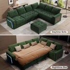 Divano Letto Modulare a 7 Posti a L con Letto Estraibile, Schienali Reclinabili/Porte USB/Luce LED/Tavolino Laterale e Pouf, in ciniglia