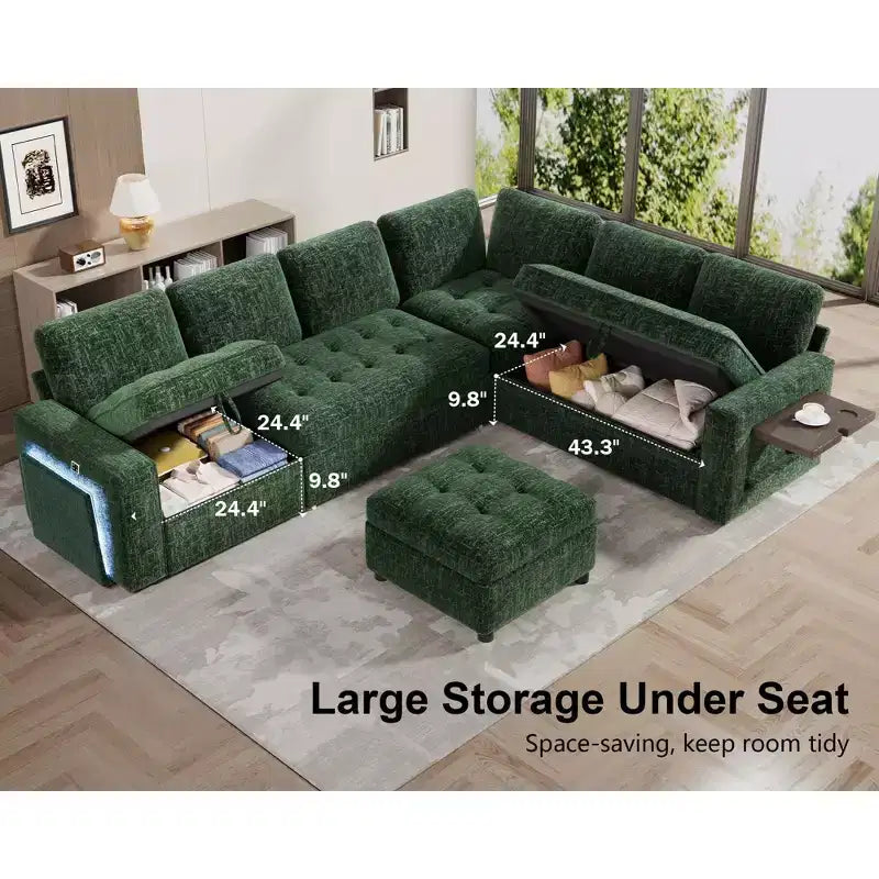 Divano Letto Modulare a 7 Posti a L con Letto Estraibile, Schienali Reclinabili/Porte USB/Luce LED/Tavolino Laterale e Pouf, in ciniglia
