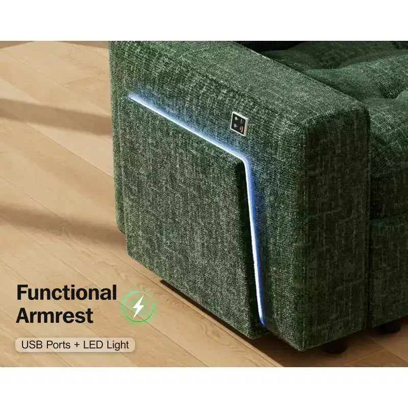 Divano Letto Modulare a 7 Posti a L con Letto Estraibile, Schienali Reclinabili/Porte USB/Luce LED/Tavolino Laterale e Pouf, in ciniglia