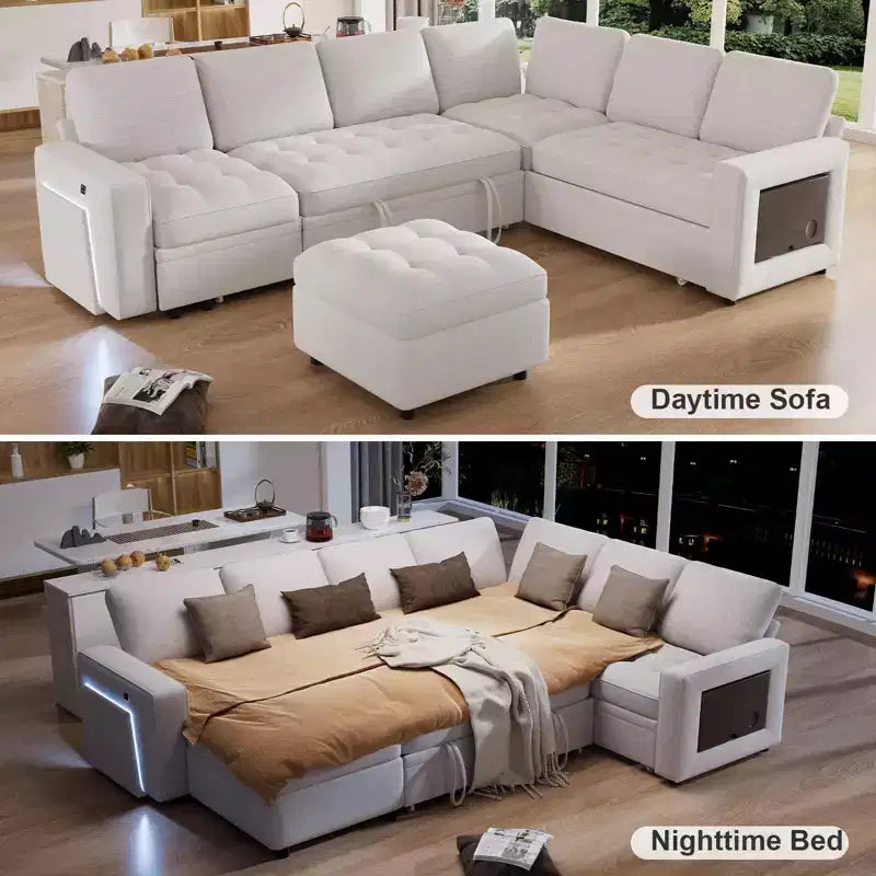 Divano Letto Modulare a 7 Posti a L con Letto Estraibile, Schienali Reclinabili/Porte USB/Luce LED/Tavolino Laterale e Pouf, in ciniglia