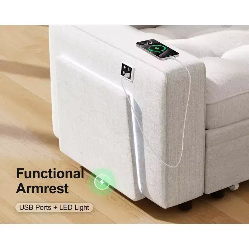 Divano Letto Modulare a 7 Posti a L con Letto Estraibile, Schienali Reclinabili/Porte USB/Luce LED/Tavolino Laterale e Pouf, in ciniglia
