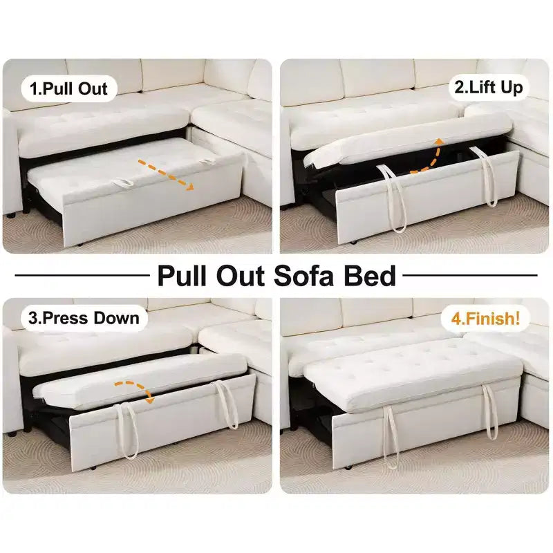 Divano Letto Modulare a 7 Posti a L con Letto Estraibile, Schienali Reclinabili/Porte USB/Luce LED/Tavolino Laterale e Pouf, in ciniglia