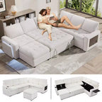 Dyonery 7-Seat L-Shaped Modular Sleeper Sofa Bed with Pull-Out Bed, Reclining Backrests/USB Ports/LED Light/Side Table & Ottoman, Chenille