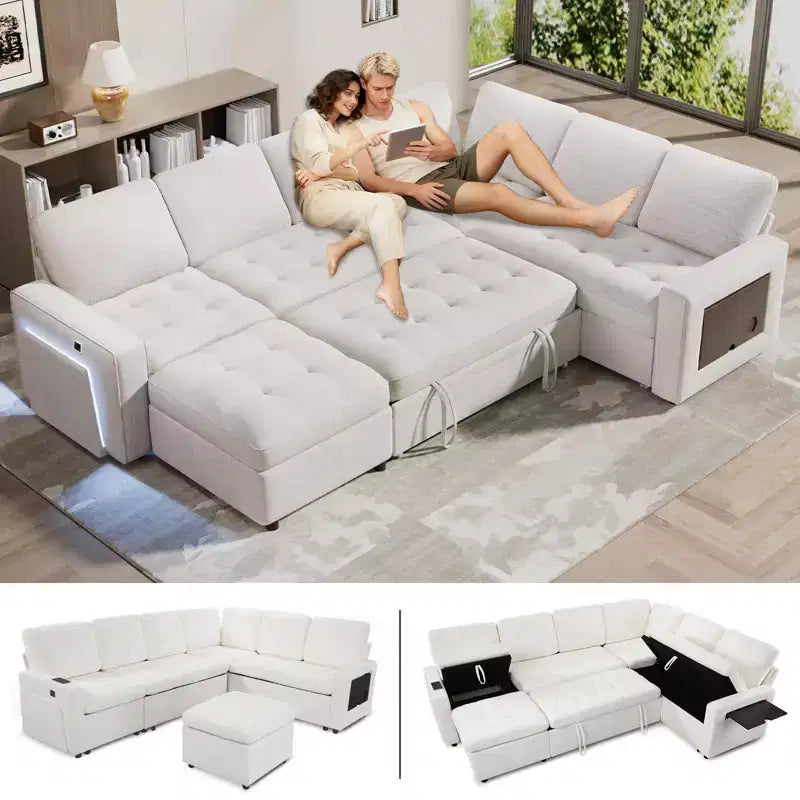 Dyonery 7-Seat L-Shaped Modular Sleeper Sofa Bed with Pull-Out Bed, Reclining Backrests/USB Ports/LED Light/Side Table & Ottoman, Chenille