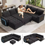 Divano Letto Modulare a 7 Posti a L con Letto Estraibile, Schienali Reclinabili/Porte USB/Luce LED/Tavolino Laterale e Pouf, in ciniglia