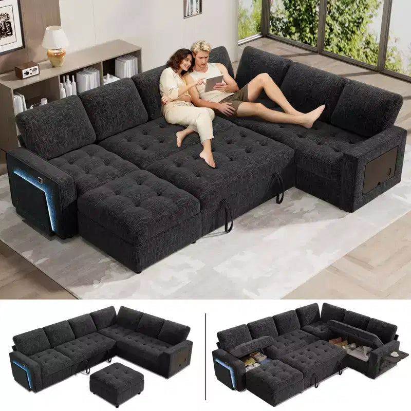Divano Letto Modulare a 7 Posti a L con Letto Estraibile, Schienali Reclinabili/Porte USB/Luce LED/Tavolino Laterale e Pouf, in ciniglia