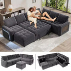 Divano Letto Modulare a 7 Posti a L con Letto Estraibile, Schienali Reclinabili/Porte USB/Luce LED/Tavolino Laterale e Pouf, in ciniglia