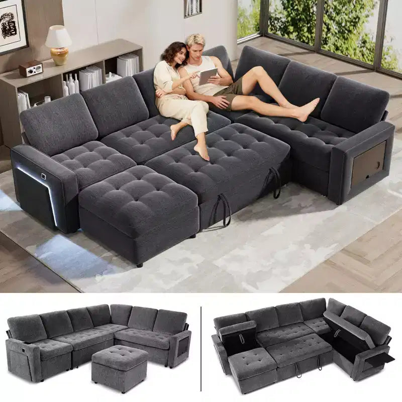 Divano Letto Modulare a 7 Posti a L con Letto Estraibile, Schienali Reclinabili/Porte USB/Luce LED/Tavolino Laterale e Pouf, in ciniglia